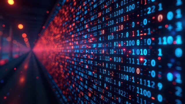 Abstract Digital Stream Binary Code Matrix in Vivid Hues of Red and Blue