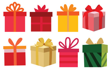 Collection of Colorful Gift Boxes with Ribbons and Bows - Flat Vector Design for Holiday Celebrations and Special Occasions