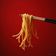 noodles being lifted by chopsticks in mid-air with red background and subtle motion blur, glossy sauce details, minimalistic composition, dramatic lighting, no text, no brand elements
