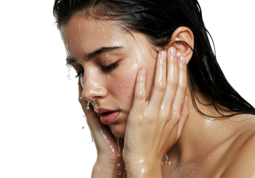 Young Person With Wet Hair Touching Face And Closing Eyes On A Dark Background