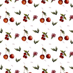 Seamless Watercolor Cherry and Floral Pattern on White Background