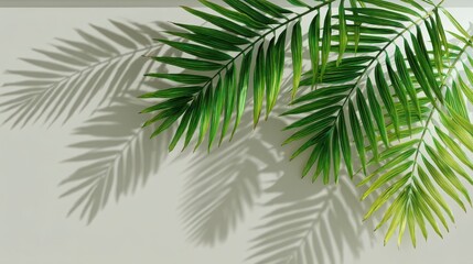 Green palm leaves casting shadows on a white surface in a bright and airy tropical scene image