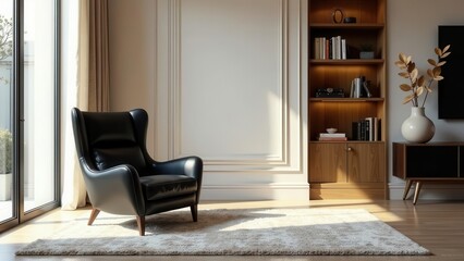 Elegant black leather wingback armchair in a sunlit living room with wooden bookcase and rug
