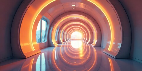 Obraz premium Futuristic architectural corridor design with glowing ambient lighting and expansive windows showcasing a vibrant sunrise