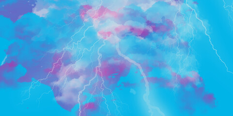 Freeform blue gradient background with blur noise effects and lightning motif. Lightning flashes in the sky during a thunderstorm.
