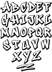 Graffiti letters set, vector hand drawn graffiti alphabet font A to Z, white letters with black outline and black shadow, including underline element