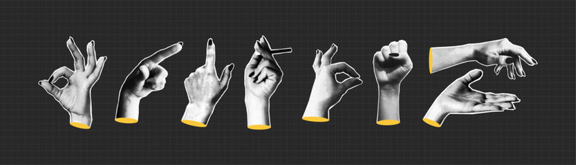 Set of hands with halftone effect. Female collage hands with different gesture. Collage halftone elements for banner, poster and social media. Vector.