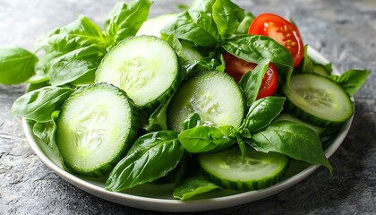 Fresh Cucumber and Basil Salad on Plate