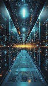Server Room Data Stream: A breathtaking perspective of a high-tech server room, teeming with digital data, advanced computing technology, and a sense of boundless connectivity.