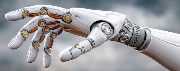 A close-up of a robotic hand showcasing intricate mechanical details and a sleek design, symbolizing advanced technology and innovation in robotics.