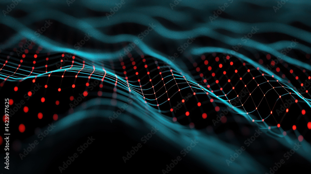 Poster abstract digital background of colorful waves and points with glowing lines in dark environment