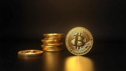 Bitcoin Gold Coins &ndash; Digital Cryptocurrency with Reflective Surface & Futuristic Glow.