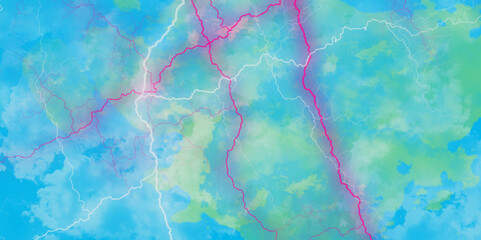 Freeform blue gradient background with blur noise effects and lightning motif. Lightning flashes in the sky during a thunderstorm.
