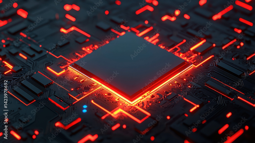 Poster dark background with bright red circuit board and central processing unit design concept
