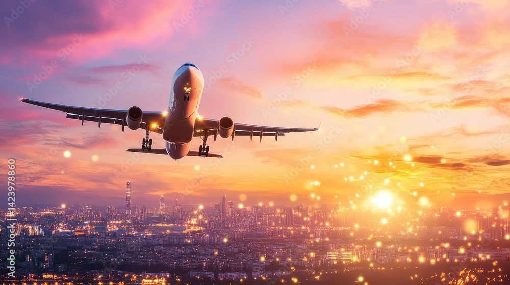 Poster global airline network with bright lines and map overlays, digital communication concept