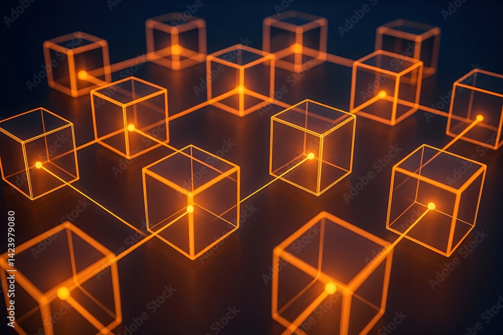 Poster abstract representation of a blockchain network with glowing orange cubes interconnected by lines, s