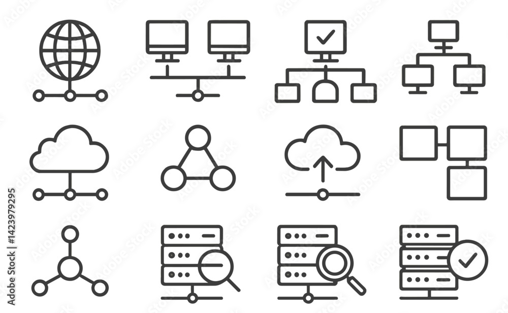 Poster vector line set icon showcasing various networking and connectivity symbols to illustrate technology