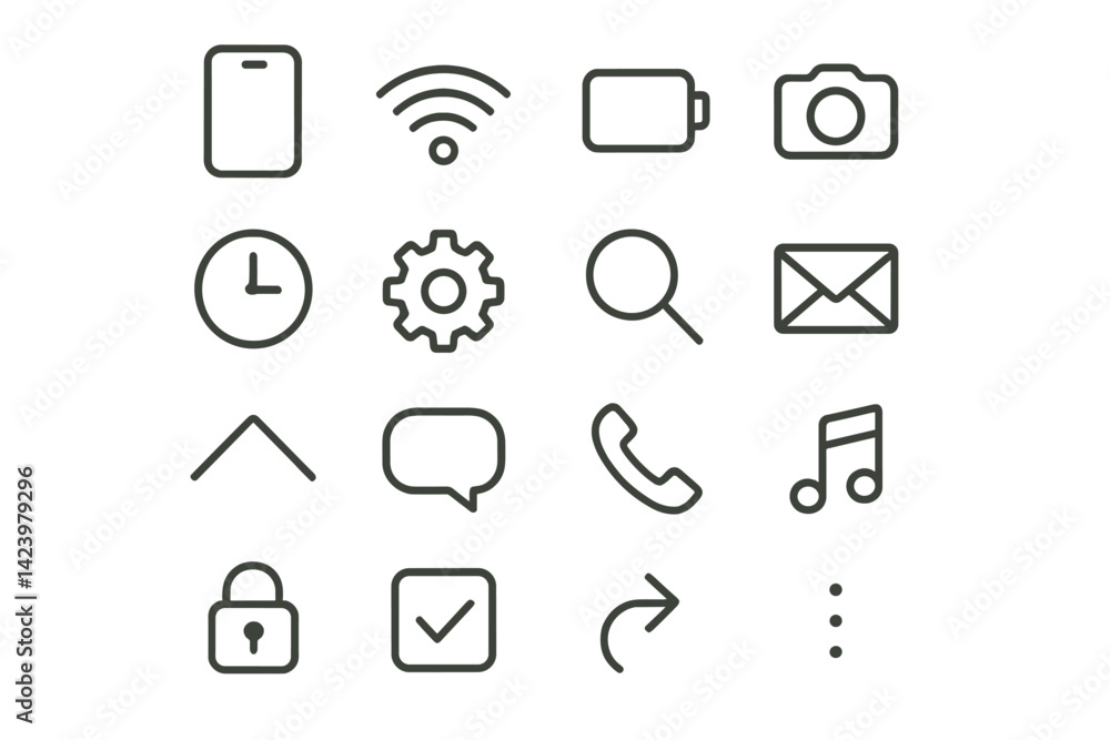Poster vector line icons representing various technology and communication elements for digital design