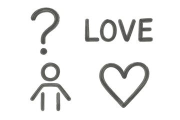 Vector line set of social icons featuring a question mark, love word, person symbol, and heart symbol for communication themes