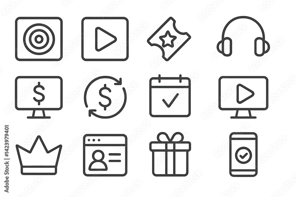 Poster vector line set icons representing various activities and concepts related to technology, entertainm