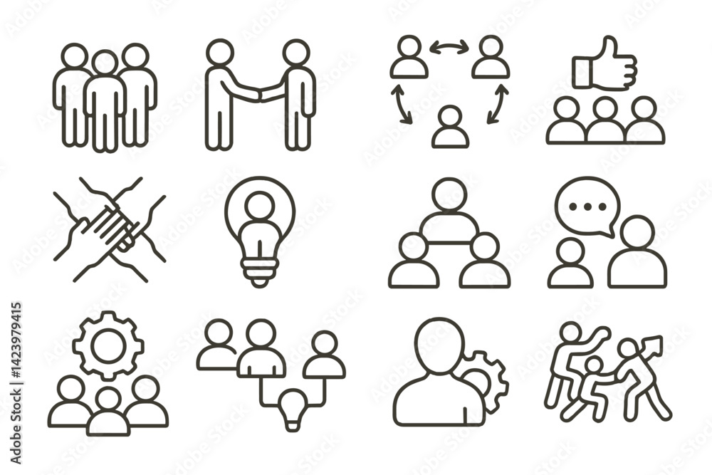 Poster vector line icons set depicting various aspects of teamwork, collaboration, and communication in a p