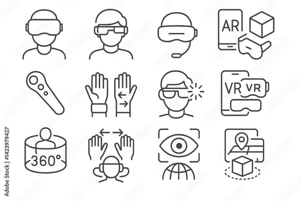 Poster vector line icons showcasing virtual and augmented reality technology and user interaction in digita
