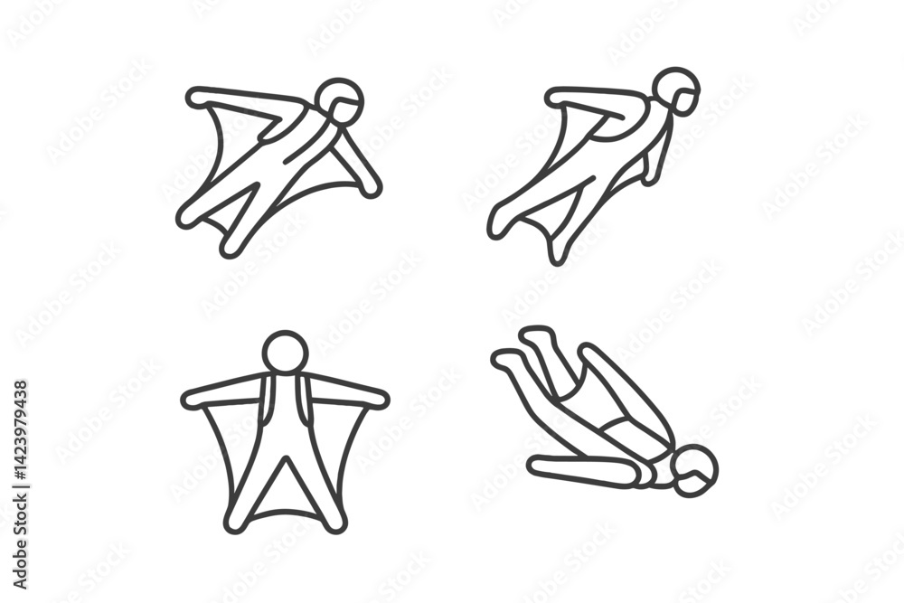 Poster collection of vector line set icons depicting a character with a cape in various flying poses, showc