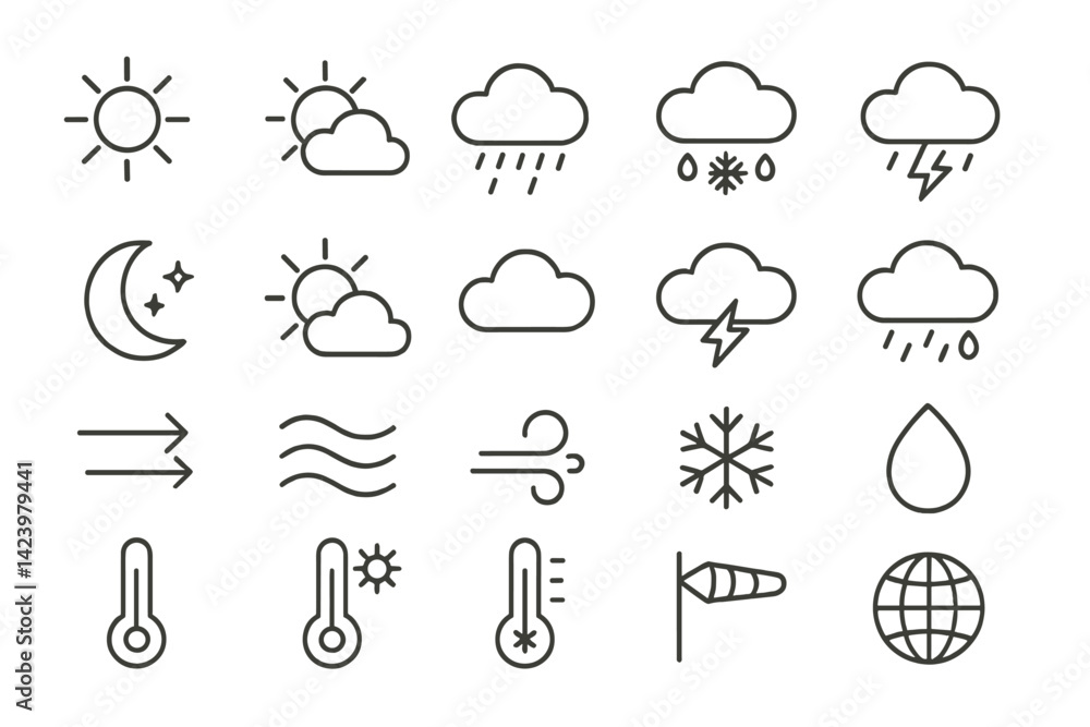Poster vector line set of weather icons depicting various atmospheric conditions and elements in a simple a