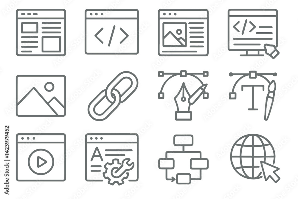 Poster vector line set icons representing various web design and development aspects including images, link