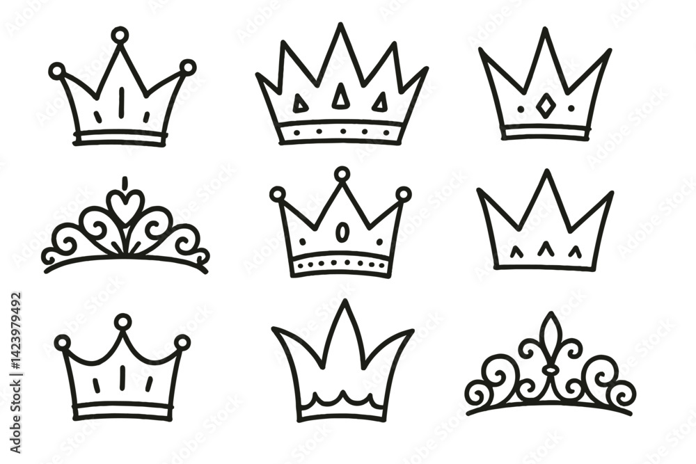 Poster various crown designs represented as vector line art for graphic use and creative projects