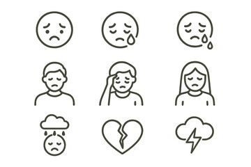 Vector line set icon depicting various emotions including sadness, distress, and heartbreak in simple designs