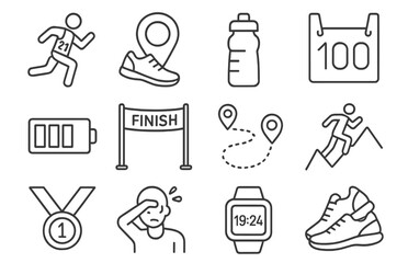 Line icons depicting running activities, athlete gear, and race essentials for sports enthusiasts and event planners