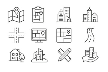 Vector line set of icons representing urban planning, mapping, and real estate activities with various styles and designs