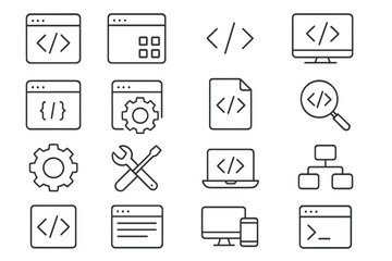Vector line set icon collection showcasing web development tools and elements for user interface design and coding activity