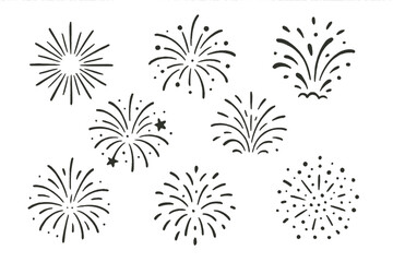 Vector line set of decorative fireworks illustrations featuring various designs and styles for celebratory themes