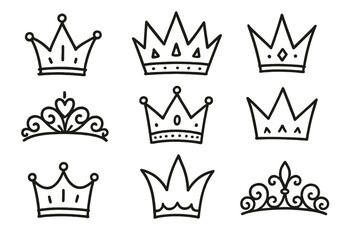 Various crown designs represented as vector line art for graphic use and creative projects © Alan