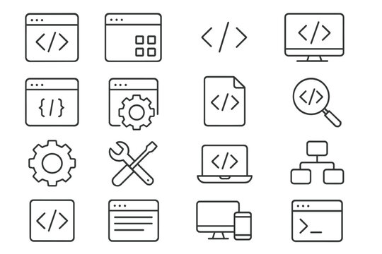 Vector line set icon collection showcasing web development tools and elements for user interface design and coding activity