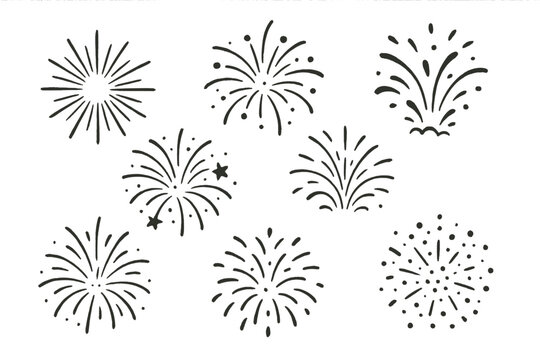 Vector line set of decorative fireworks illustrations featuring various designs and styles for celebratory themes