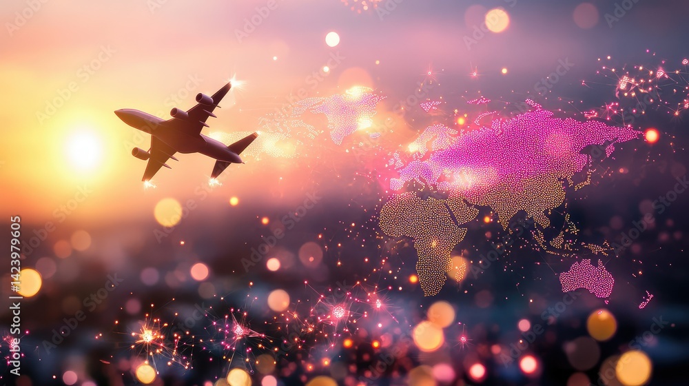 Poster logistic world map with light connections and airplane silhouettes over a dark tech background