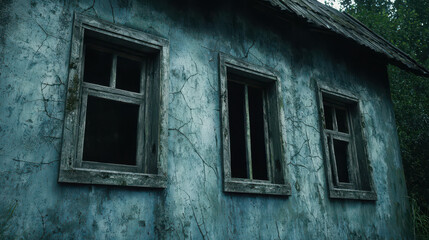 Abandoned House with Cracked Walls and Empty Windows Surrounded by Overgrown Vegetation