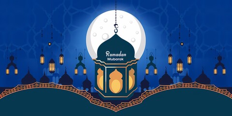 Ramadan Mubarak greeting with glowing ornate lantern and crescent moon silhouette background softly illuminated for a peaceful spiritual atmosphere capturing essence of Ramadan night celebration theme