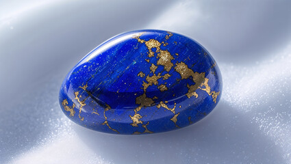 Polished lapis lazuli gemstone with golden pyrite inclusions on white background