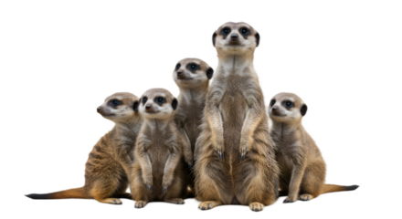 Five meerkats family group studio portrait