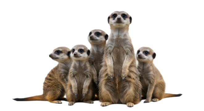Five meerkats family group studio portrait