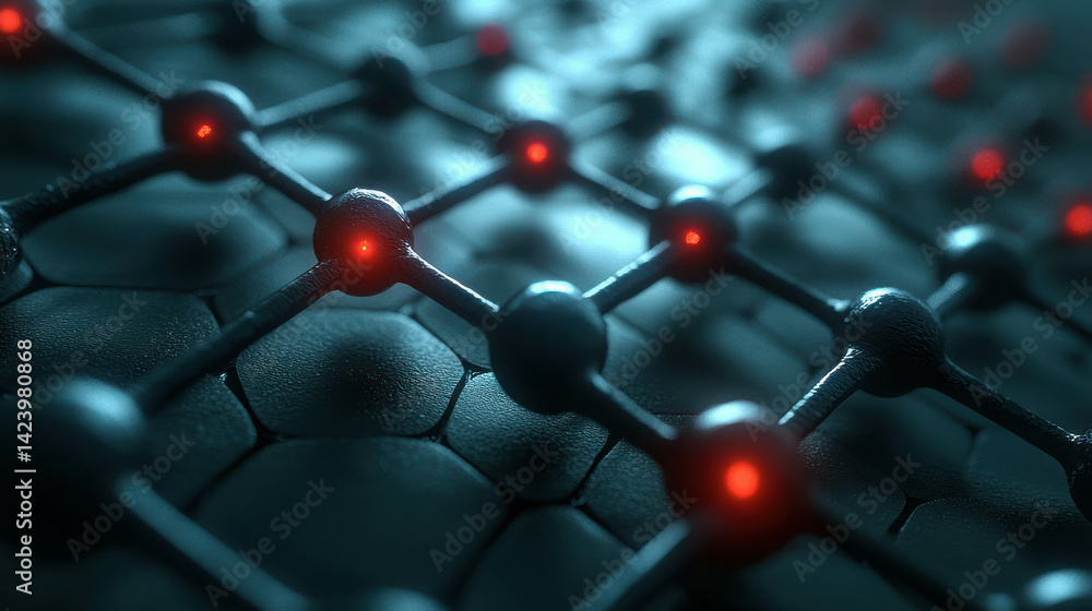 Poster abstract close-up of graphene structure with luminous red atoms on black background