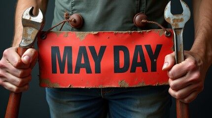 May day celebration in workshop tools in hand close-up shot industrial environment determined attitude