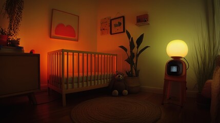Cozy, softly lit nursery with a crib and decorative accents.