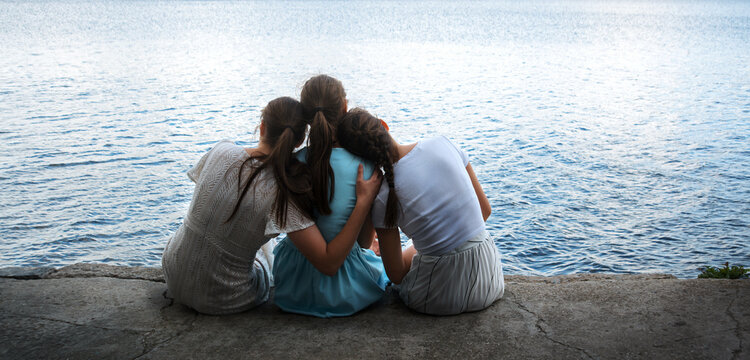 Sad rural adult family behind rear view hand arm funny love travel life light sky text space. Glad joy lady mom trust chat fun child kid look peace morn sea camp even sunset city dock water quay scene