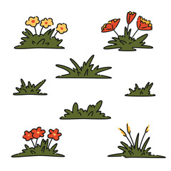 Cartoon collection of cute grass bushes and flower bushes, vector summer illustration set