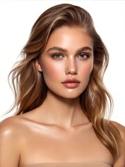 Naklejka premium Close-up of woman with glowing dewy skin and shimmering shoulders, beauty and skincare concept on white background